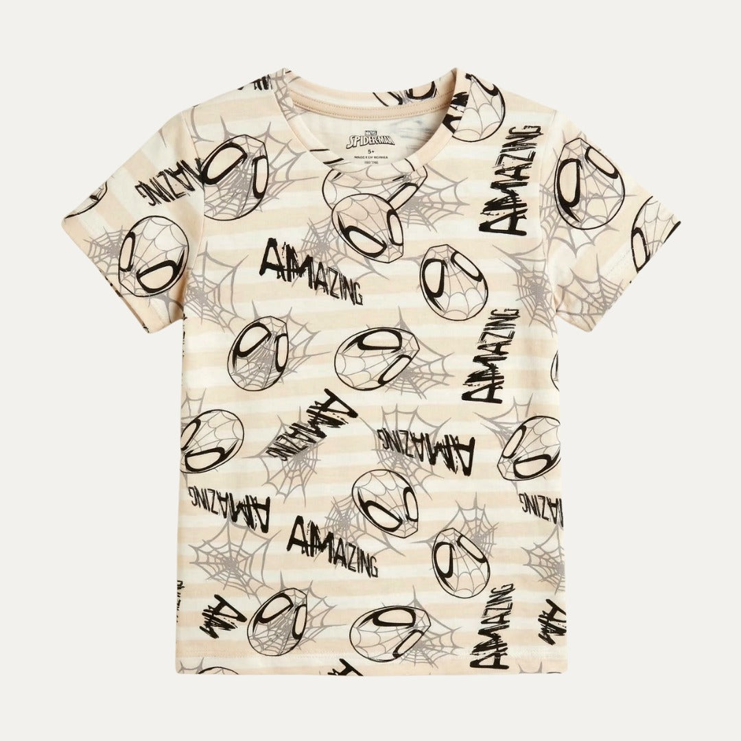 Cream Spider Man Print Half Sleeves T-Shirt For Boys Secondary image