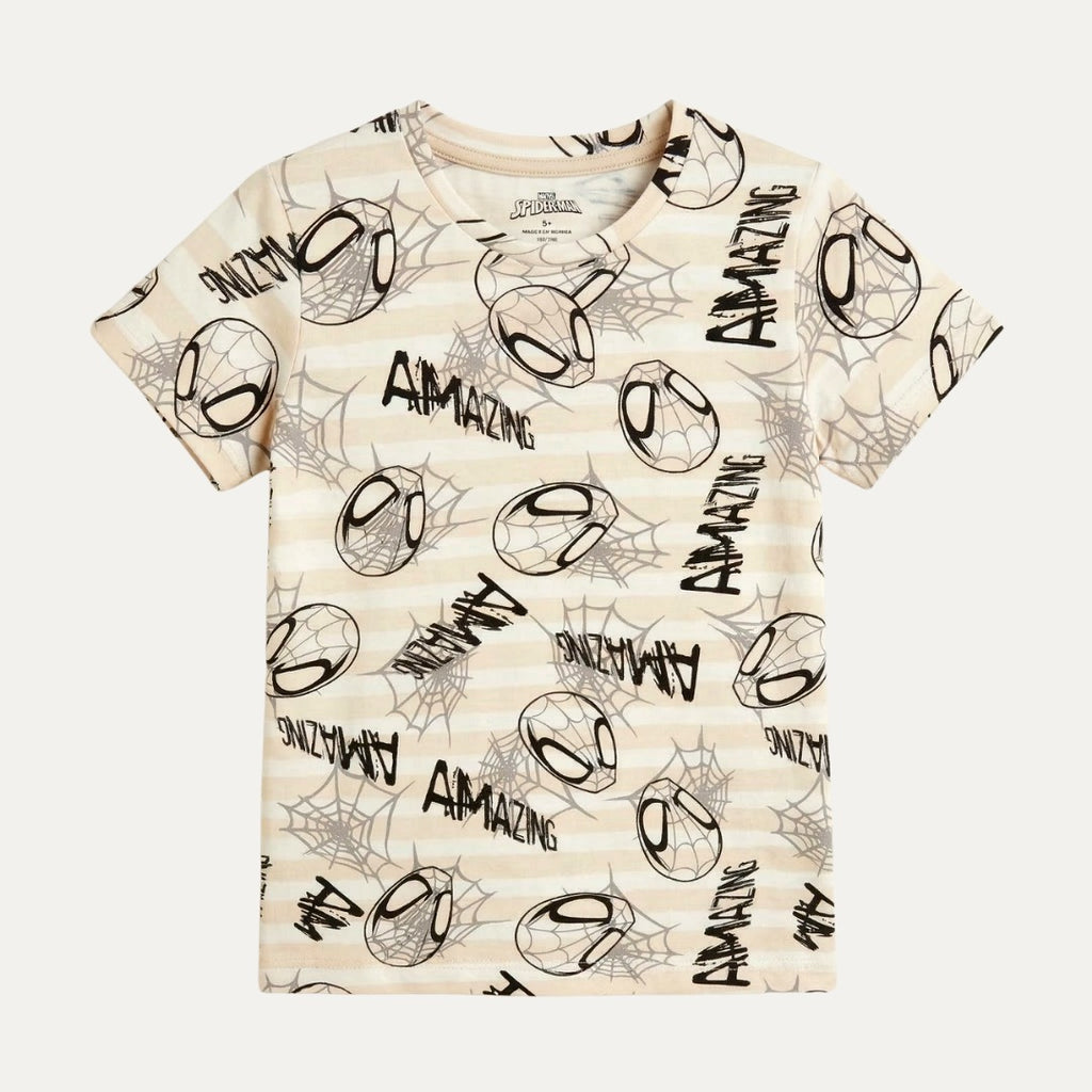 Cream Spider Man Print Half Sleeves T-Shirt For Boys