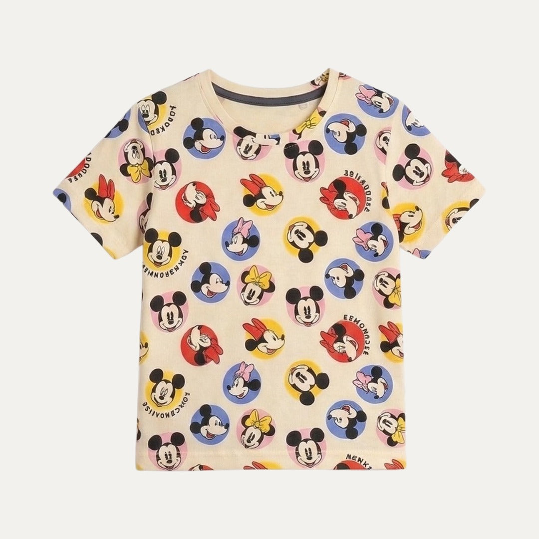 Cream Mickey & Minnie Print Half Sleeves T-Shirt For Boys Secondary image