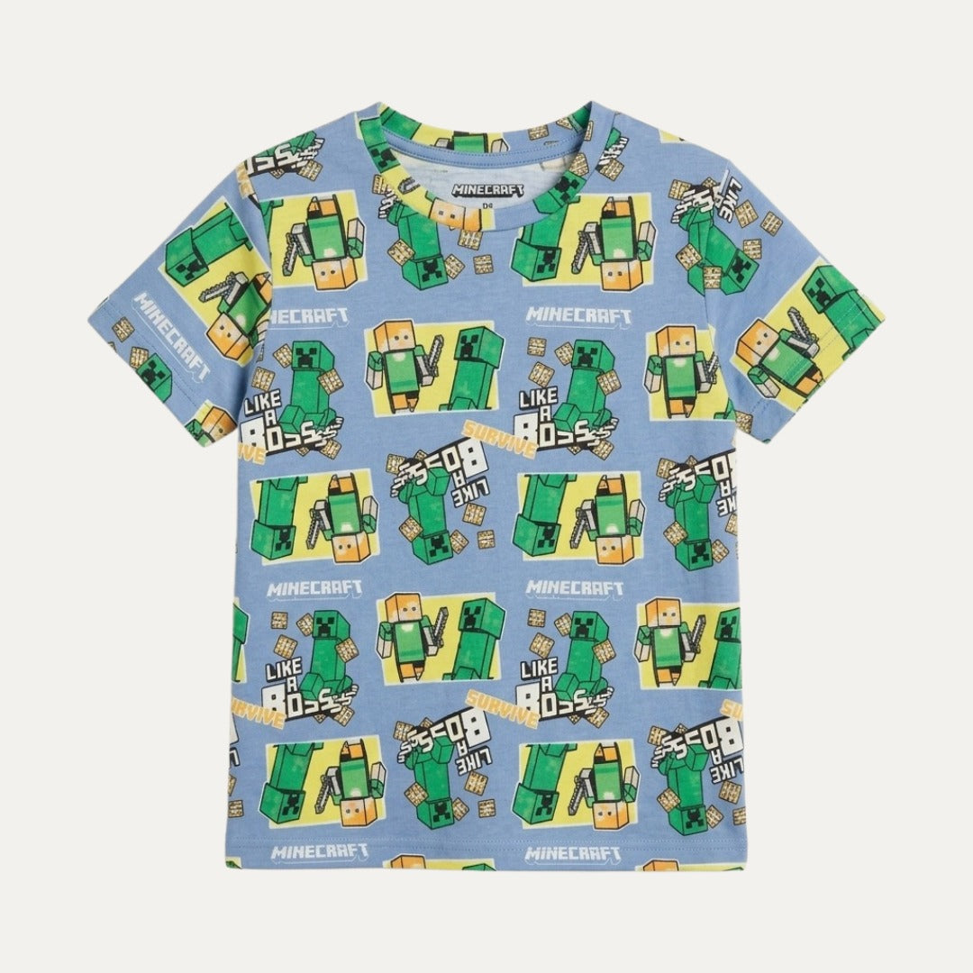 Sky Blue Minecraft Print Half Sleeves T-Shirt For Boys