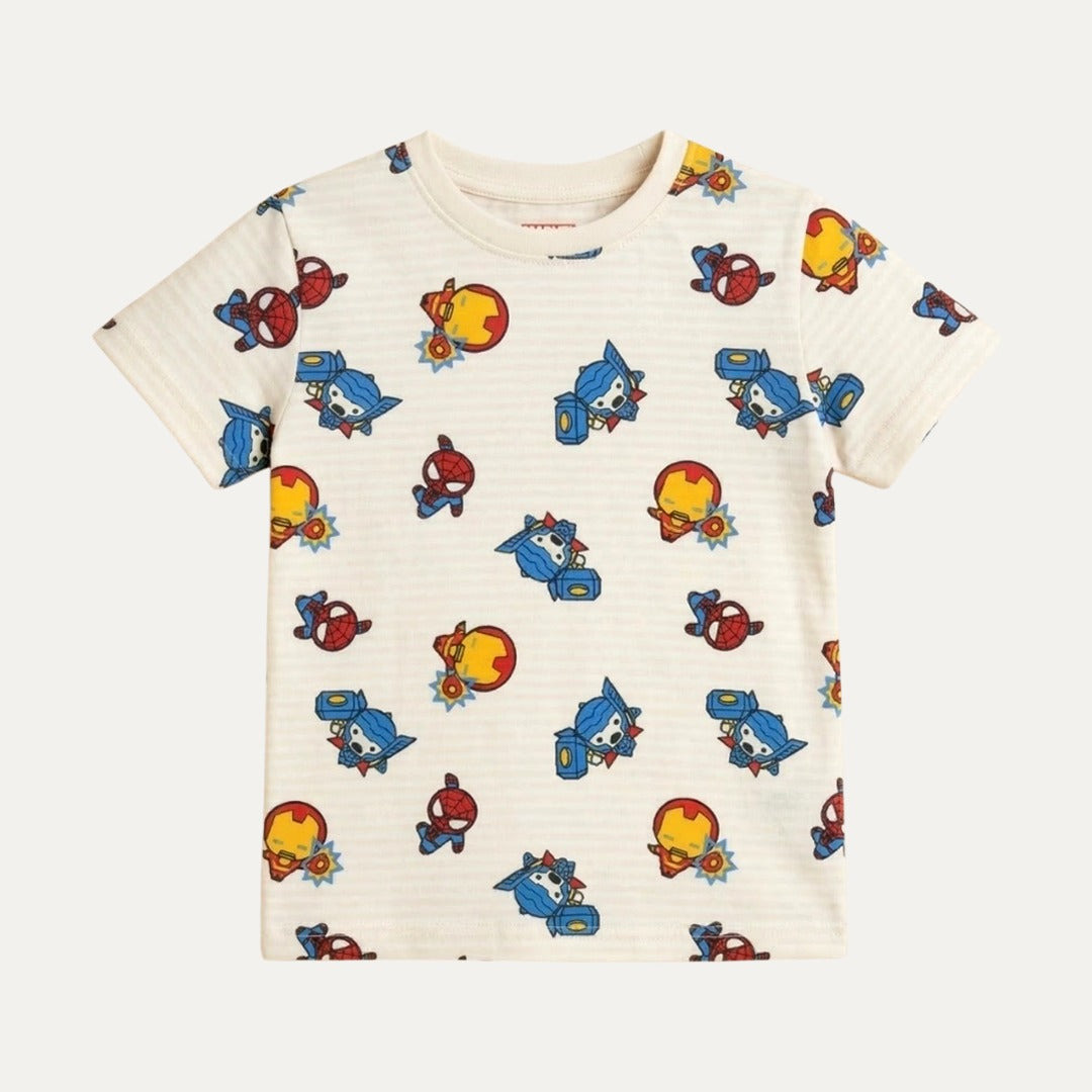 Cream Super Heroes Print Half Sleeves T-Shirt For Boys Secondary image