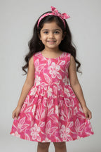 Pink Flowers Print With Hair Band Frock For Girls