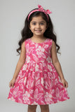 Pink Flowers Print With Hair Band Frock For Girls