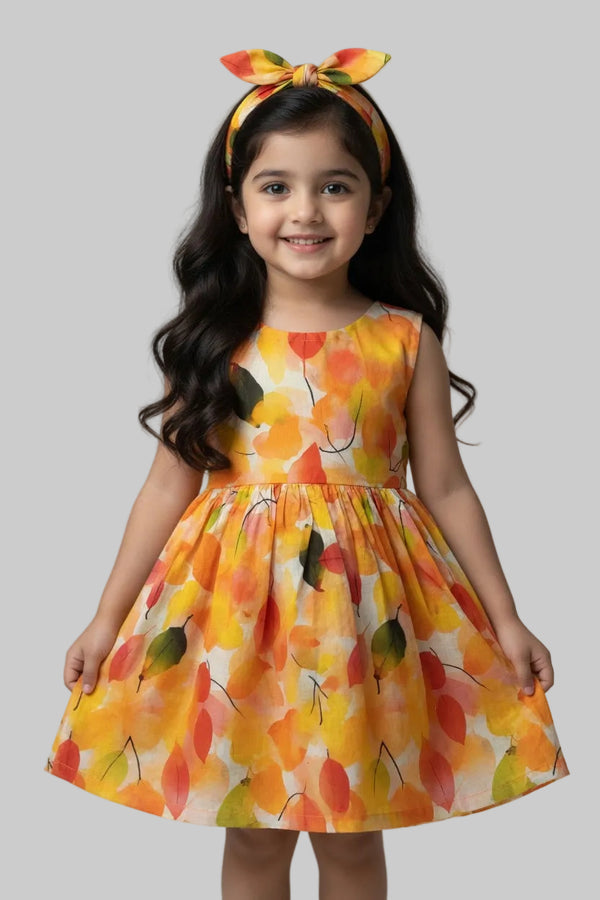 Yellow Leaf Print With Hair Band Frock For Girls