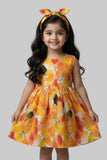 Yellow Leaf Print With Hair Band Frock For Girls
