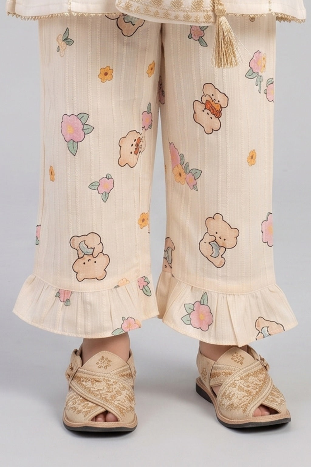 Light Yellow Teddy Bear Print Flapper For Girls