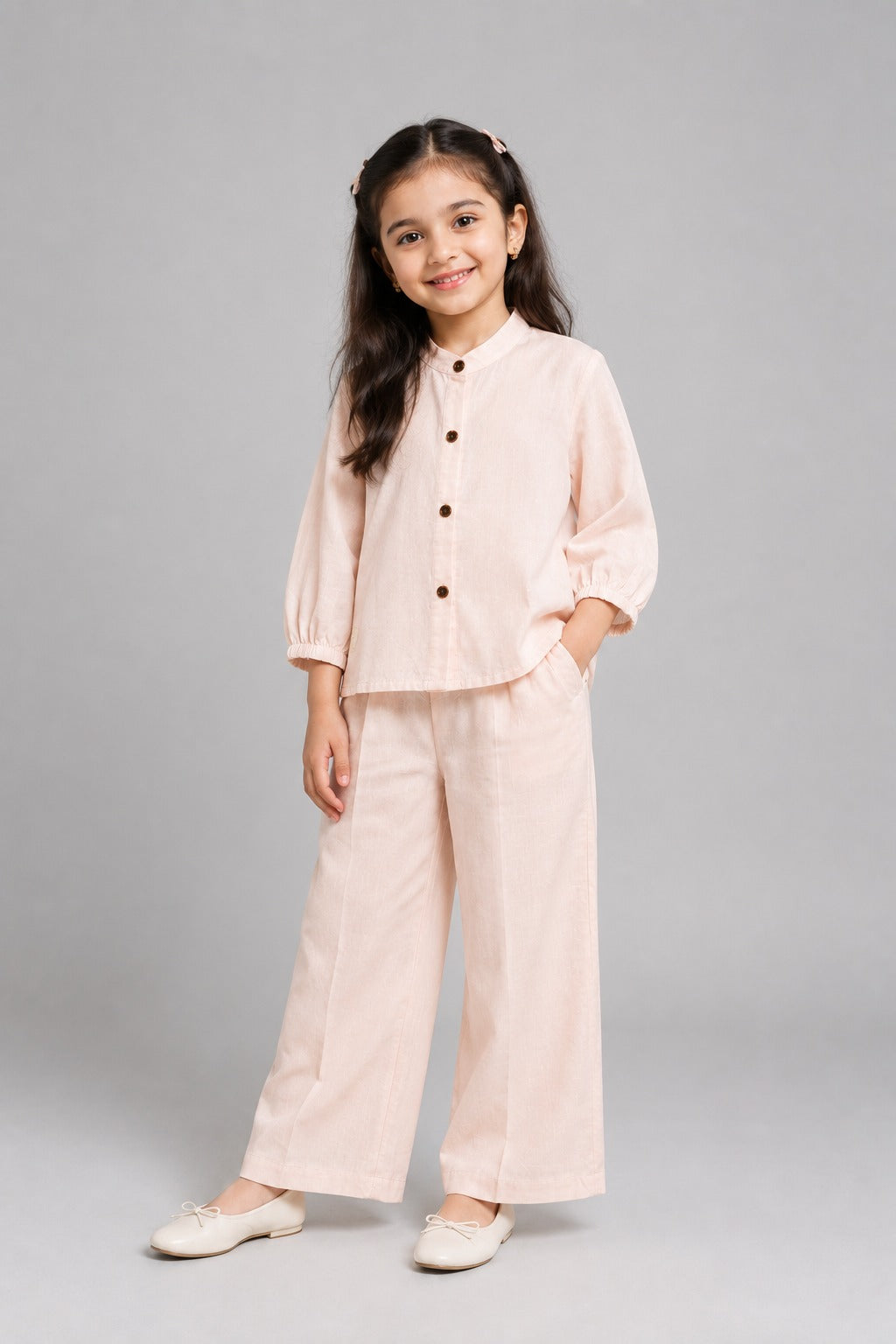 Baby Pink Plain Linen Fabric Suit For Girls