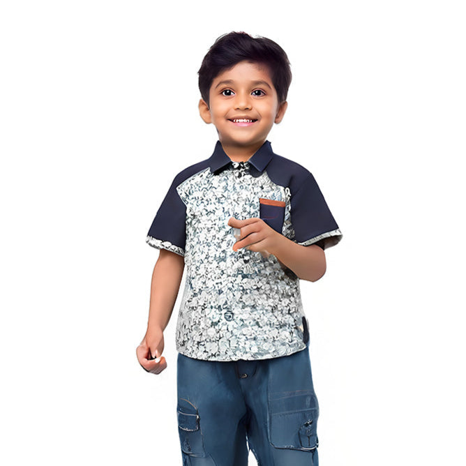 BLUE & SKY BLUE FLOWERS PRINT HALF SLEEVES SINGLE POCKET SHIRT Main image