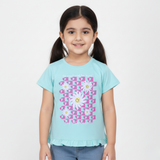 TURQUOISE BE COOL BE KIND FLOWERS PRINTED T-SHIRT TOP FOR GIRLS