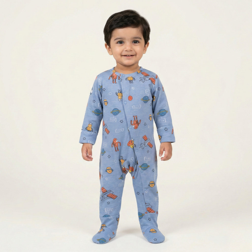DULL BLUE PLANETS & ROBOTS PRINT FULL BODY FULL SLEEVES ROMPERS