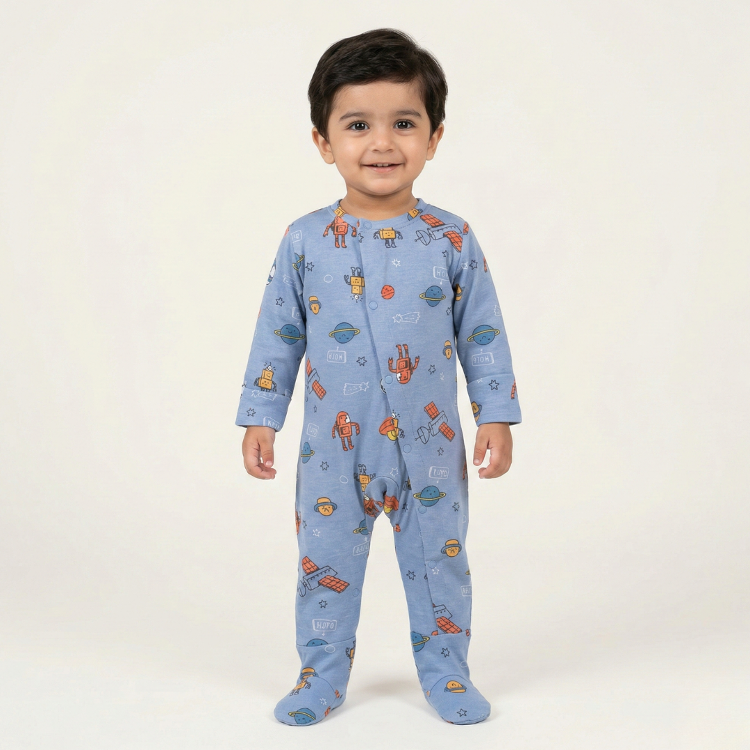 DULL BLUE PLANETS & ROBOTS PRINT FULL BODY FULL SLEEVES ROMPERS