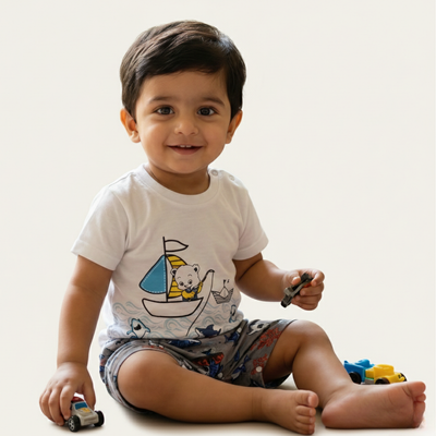 WHITE WITH GREY BOAT & SHARKS PRINTED HALF BODY ROMPER