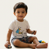 WHITE WITH GREY BOAT & SHARKS PRINTED HALF BODY ROMPER