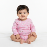 PINK FLOWERS PRINT COTTON JERSY FABRIC HALF BODY FULL SLEEVES ROMPER
