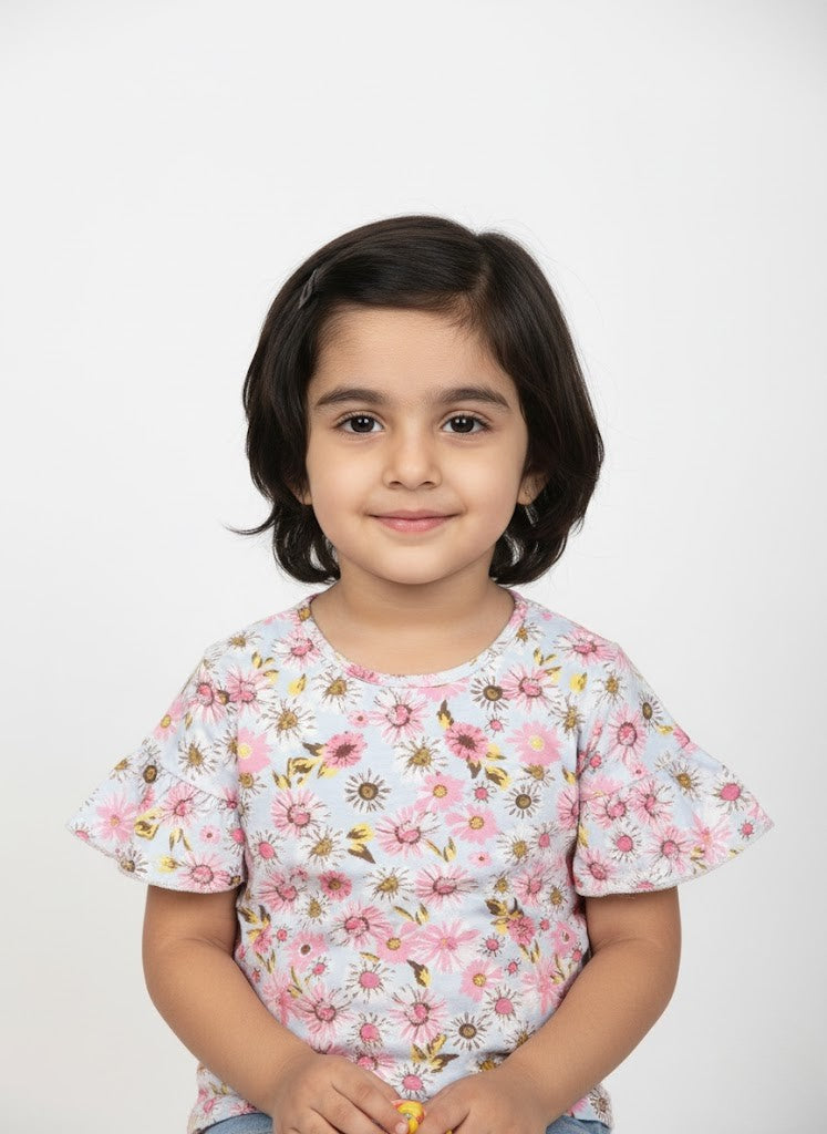 SKY BLUE BIG FLOWERS FRIL SLEEVES PRINTED T-SHIRT TOP FOR GIRLS