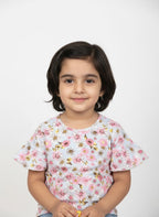 SKY BLUE BIG FLOWERS FRIL SLEEVES PRINTED T-SHIRT TOP FOR GIRLS