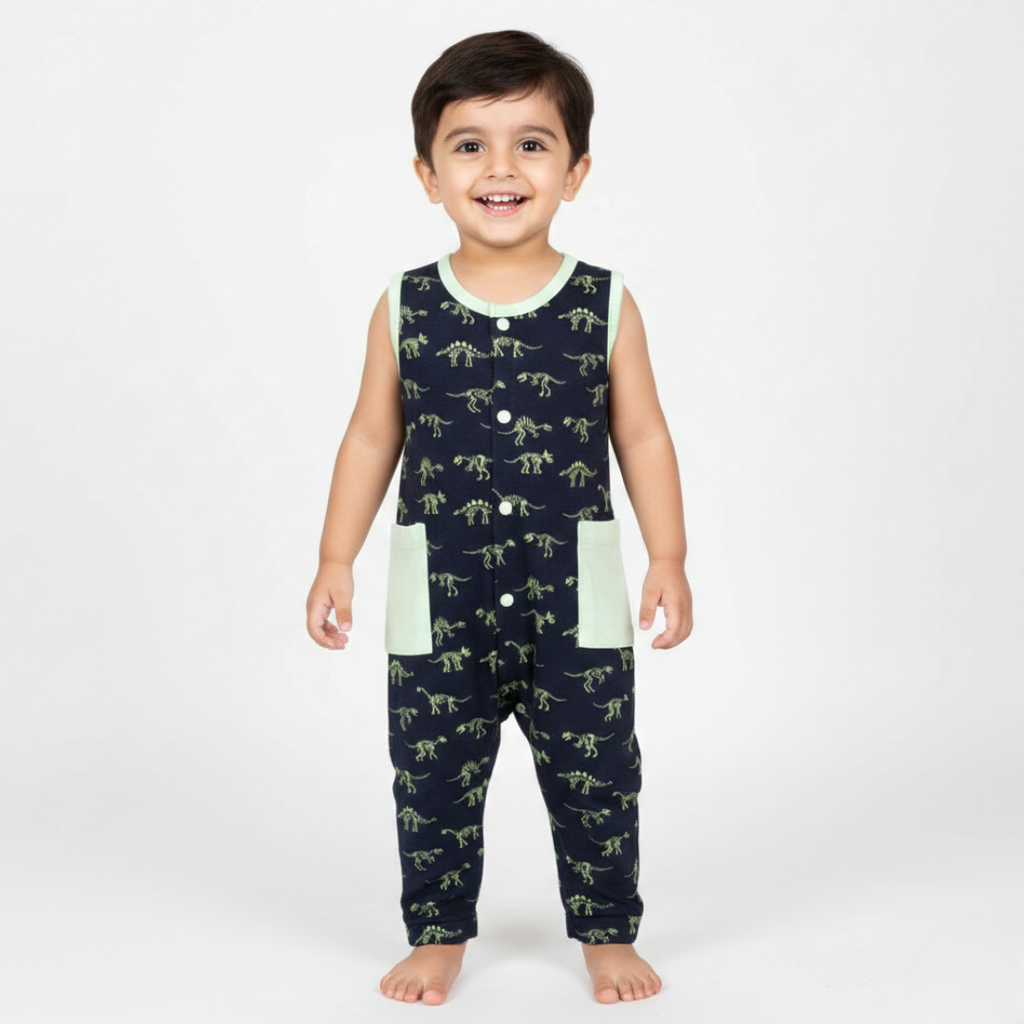 NEW NAVY BLUE FULL BODY SLEEVE LESS DINO SKELETON PRINTED WITH POCKETS ROMPER