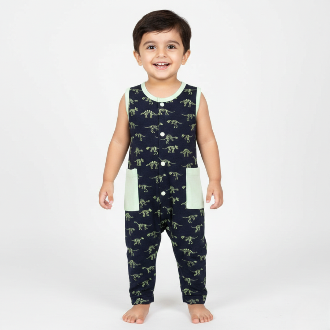 NEW NAVY BLUE FULL BODY SLEEVE LESS DINO SKELETON PRINTED WITH POCKETS ROMPER