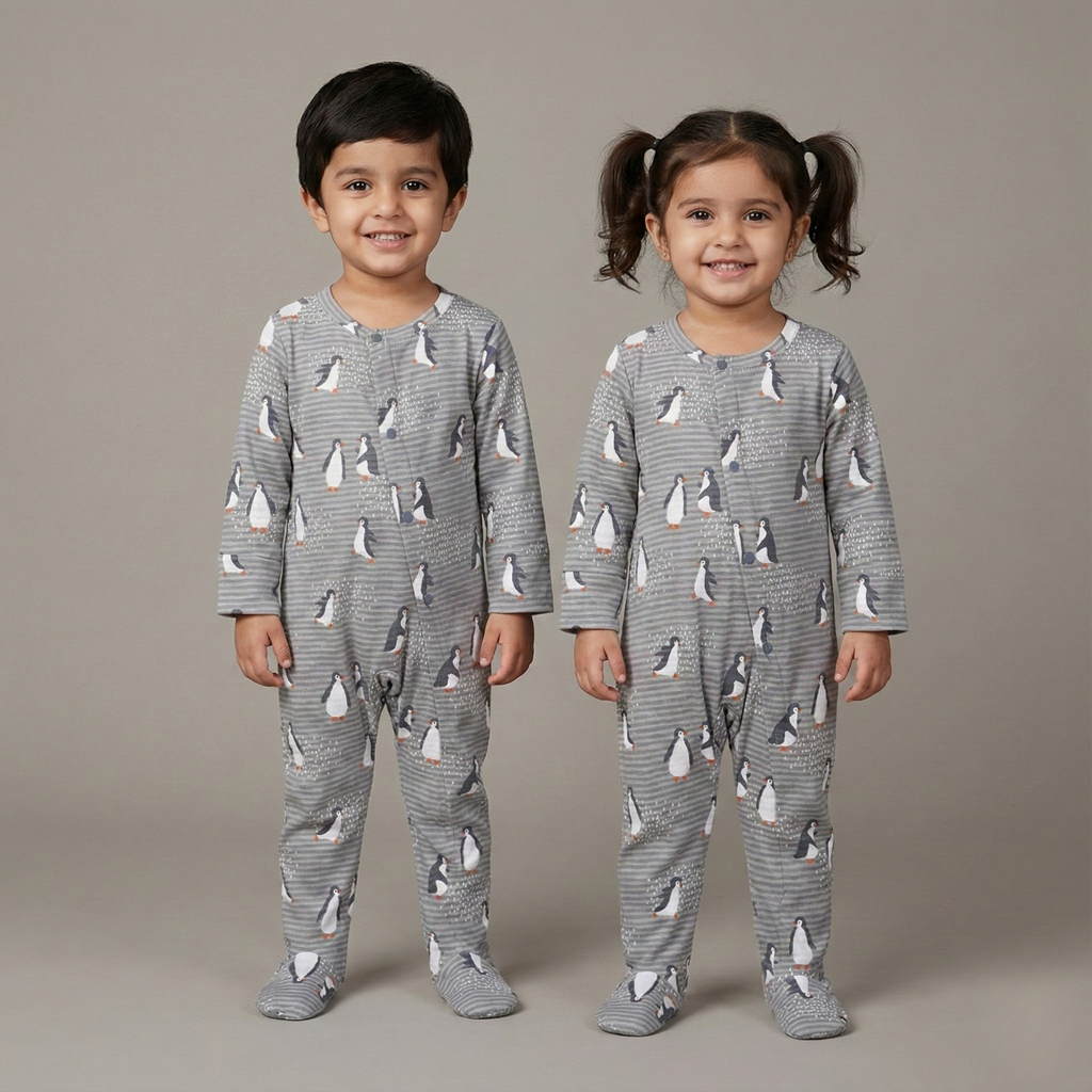 GREY WITH PENGUIN PRINT FULL BODY FULL SLEEVES ROMPERS