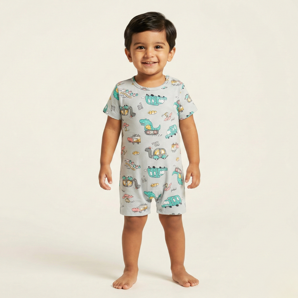 GREY NINO CAR PRINT HALF BODY ROMPER