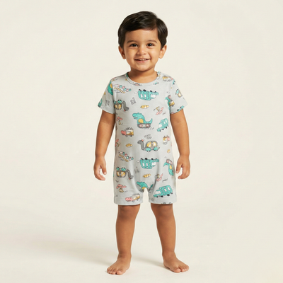 GREY NINO CAR PRINT HALF BODY ROMPER