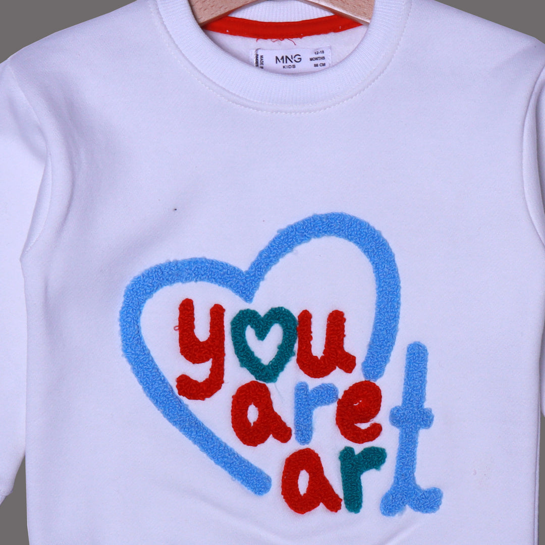 WHITE YOU ARE ART EMBROIDERED FLEECE FABRIC SWEATSHIRT