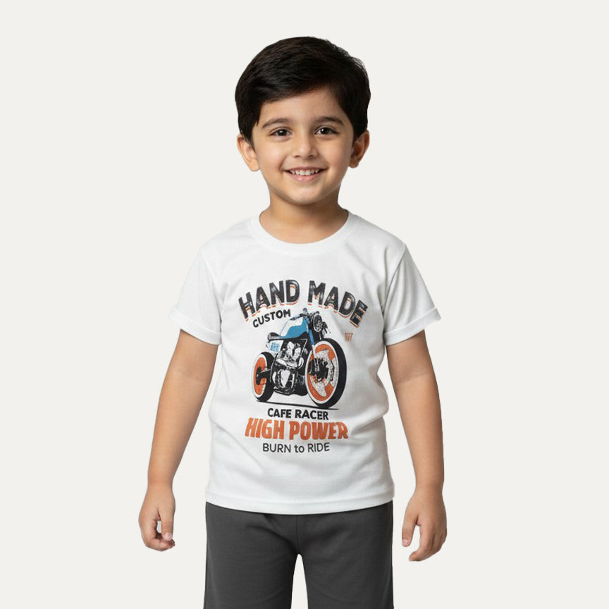 White Hand Made Bike Print Half Sleeves T-shirt For Boys