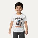 White Hand Made Bike Print Half Sleeves T-shirt For Boys