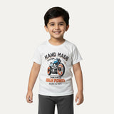 White Hand Made Bike Print Half Sleeves T-shirt For Boys