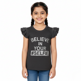 CHARCOAL GREY BELIEVE IN YOUR SELFIE PRINTED T-SHIRT FOR GIRLS