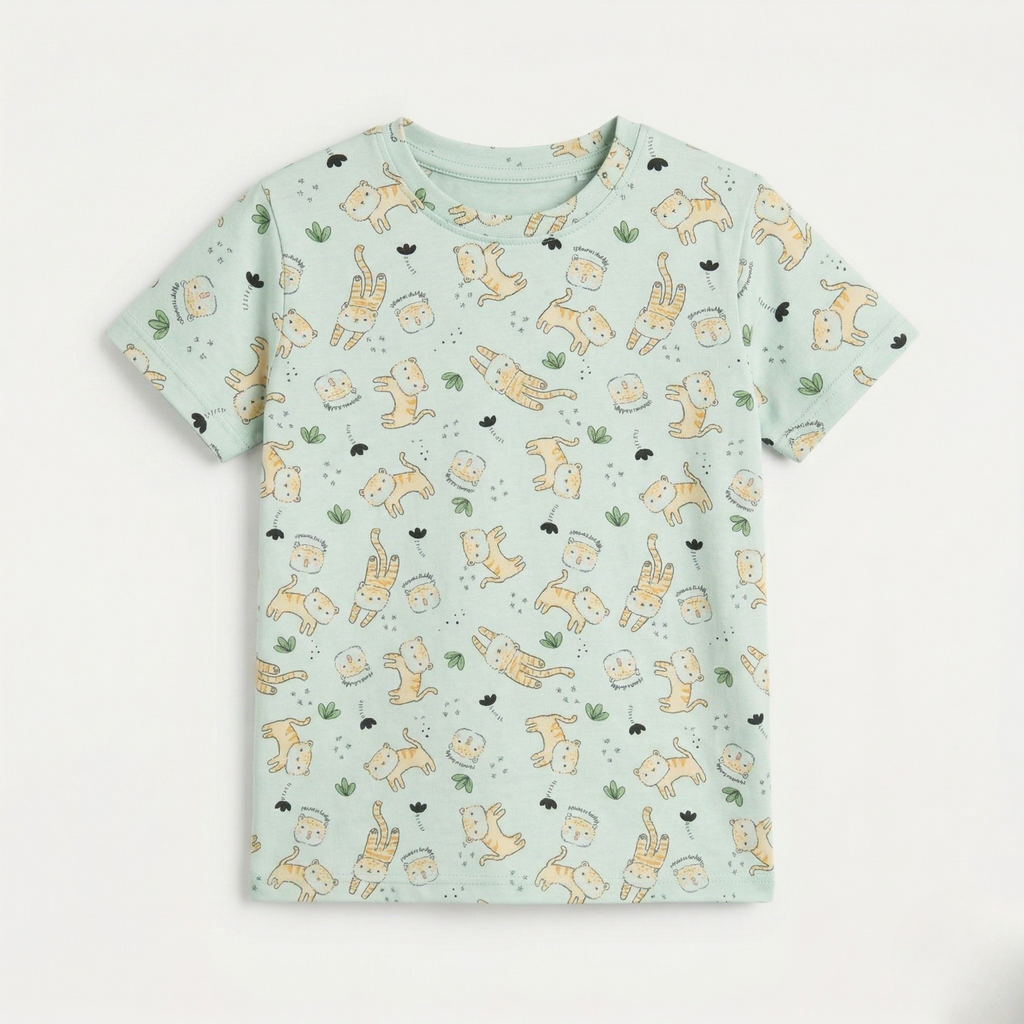Turquoise Tiger Print Half Sleeves T-Shirt For Boys