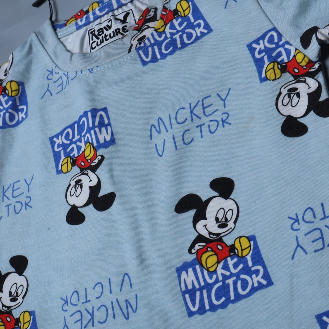 SKY BLUE MICKEY VICTOR PRINT WITH SHORTS COTTON JERSY FABRIC BABA SUIT
