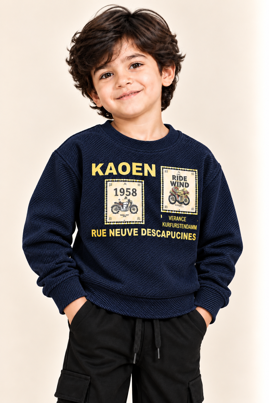 Navy Kaoen Jackard Fleece Fabric Sweatshirt
