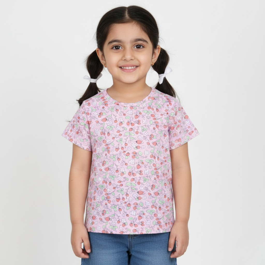 PINK WITH STRAWBERRY PRINTED PLAIN SLEEVES T-SHIRT TOP FOR GIRLS