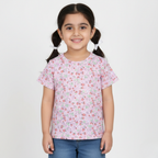 PINK WITH STRAWBERRY PRINTED PLAIN SLEEVES T-SHIRT TOP FOR GIRLS