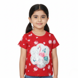 NEW RED FLOWER WITH SWAN PATCH PRINTED T-SHIRT TOP FOR GIRLS