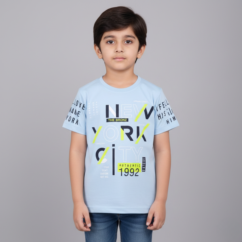 SKY BLUE "NEW YORK CITY" PRINT HALF SLEEVES T-SHIRT FOR BOYS Main image