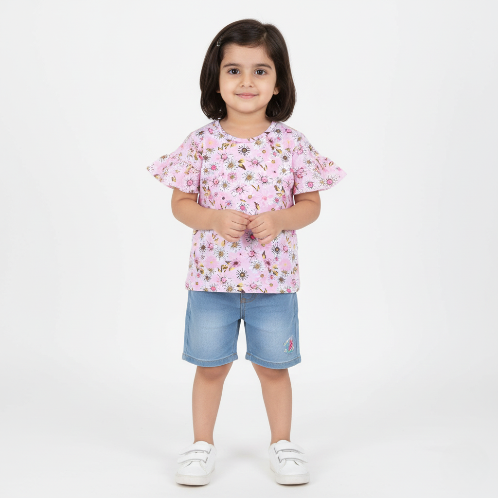 BABY PINK BIG FLOWERS FRIL SLEEVES PRINTED T-SHIRT TOP FOR GIRLS Secondary image