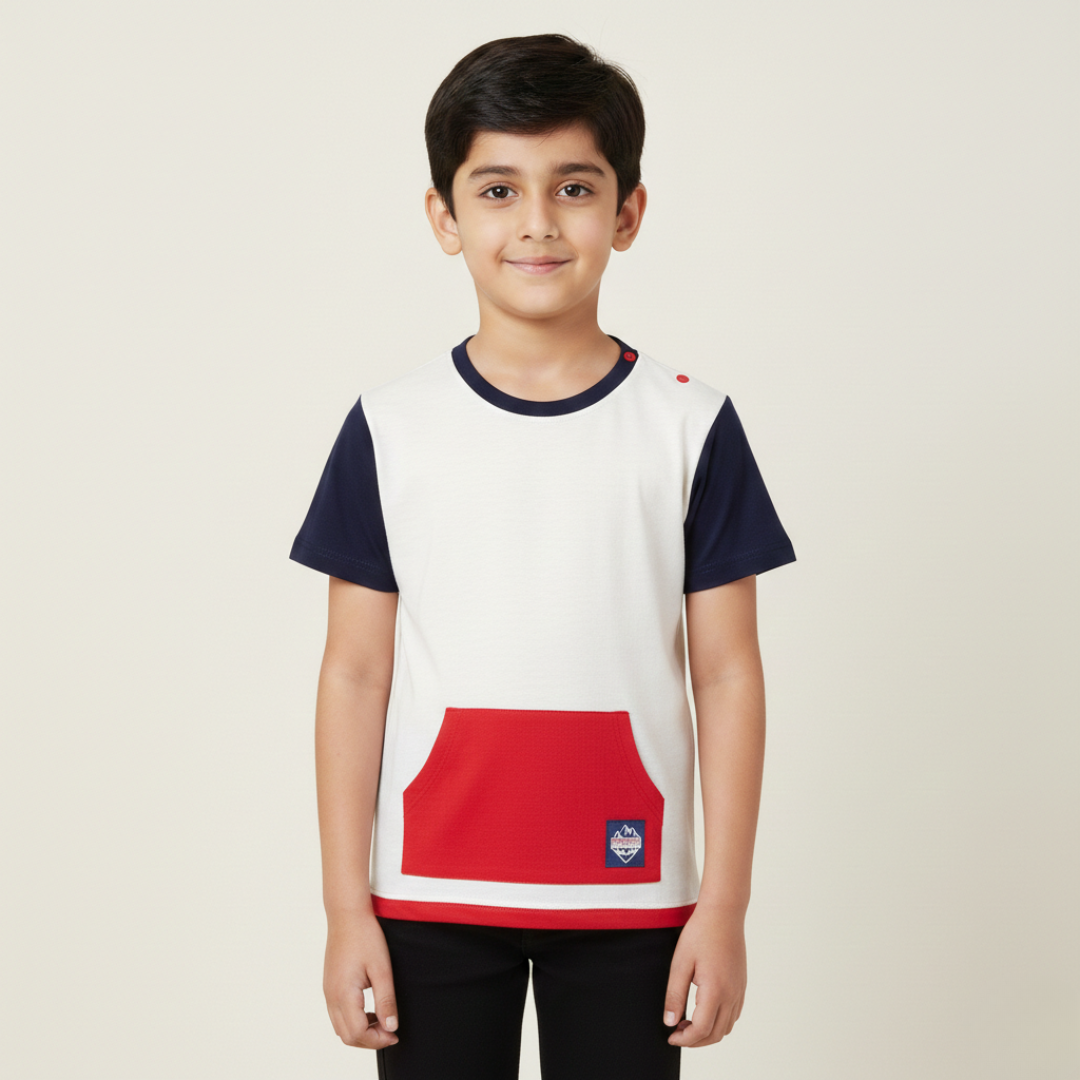 CREAM WITH BLUE SLEEVES FRONT POCKET HALF SLEEVES T-SHIRT