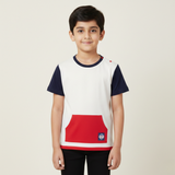 CREAM WITH BLUE SLEEVES FRONT POCKET HALF SLEEVES T-SHIRT