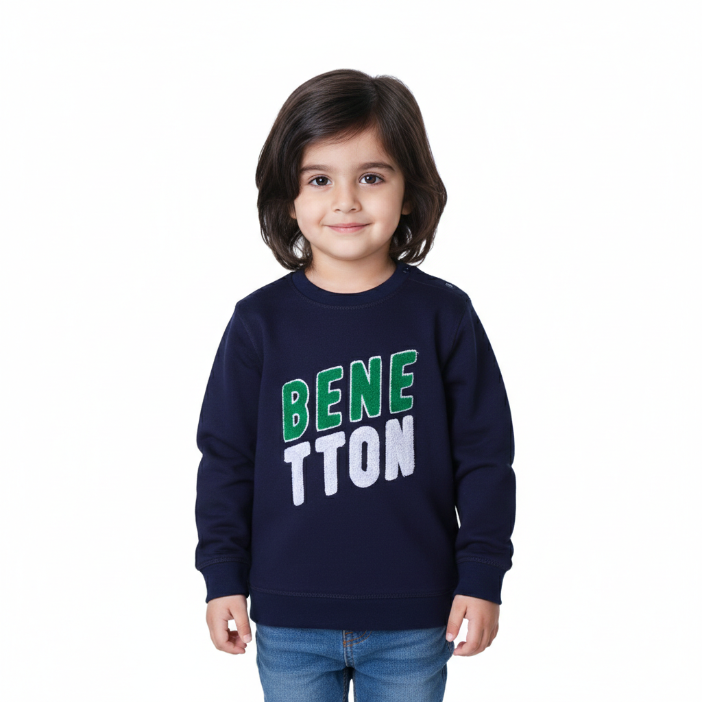 NAVY BLUE "BENE TTON" EMBROIDERED TERRY FABRIC SWEATSHIRT
