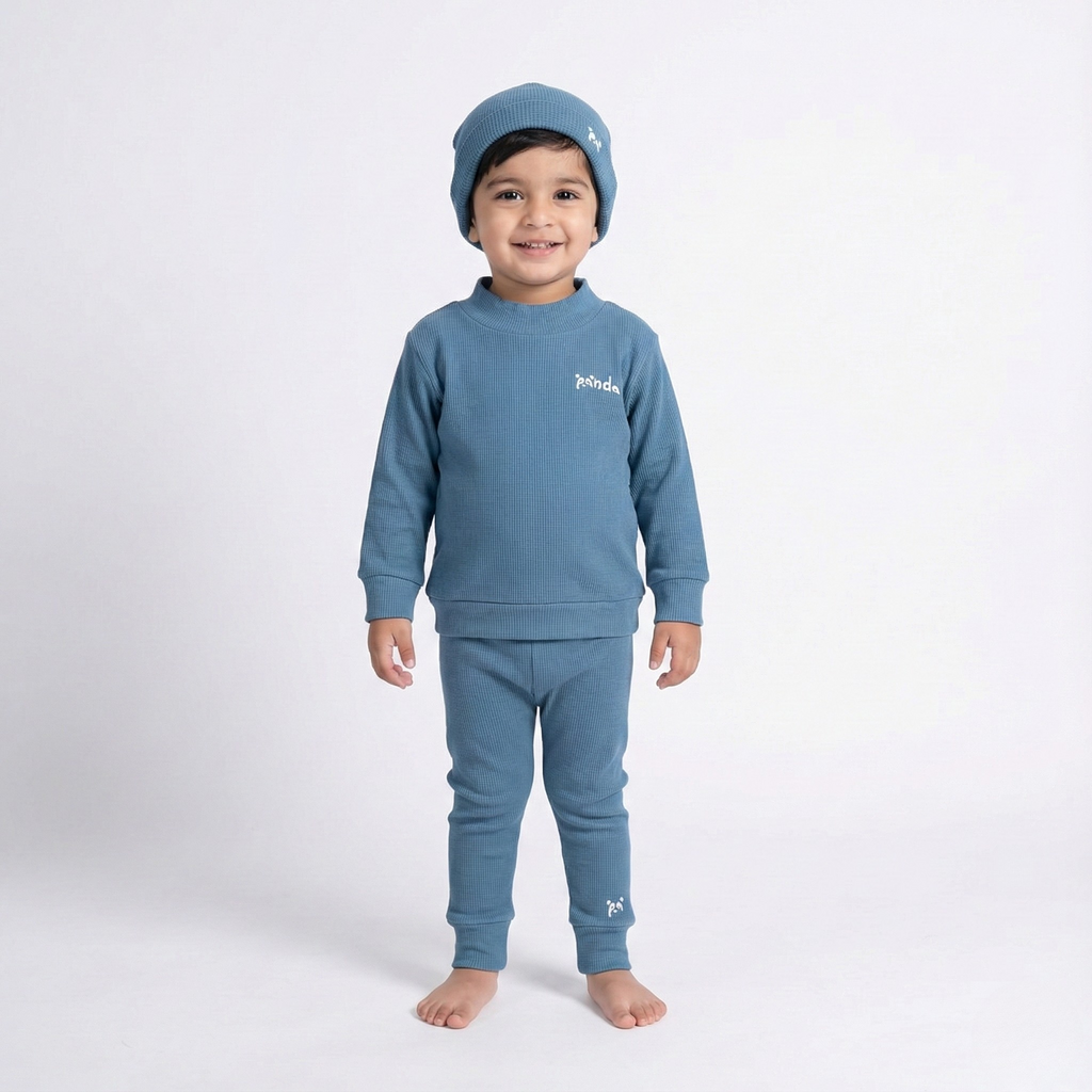 BLUE THERMAL FABRIC PANDA WITH CAP SUIT FOR WINTERS