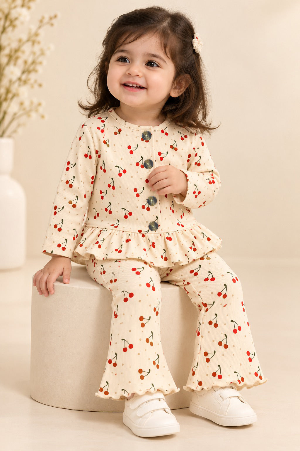 Cream Red Cherry Velora Rib Fabric Suit Secondary image