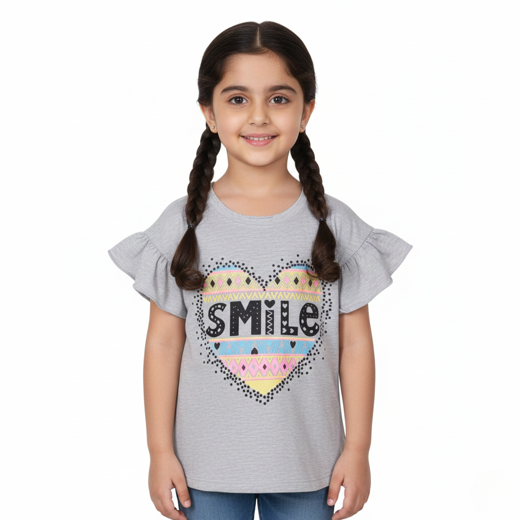 HAZEL GREY HEART SMILE PRINTED T-SHIRT FOR GIRLS