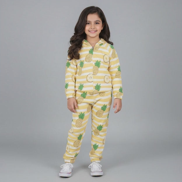 YELLOW HOODIE PINEAPPLE PRINTED TERRY FABRIC SUIT FOR WINTERS