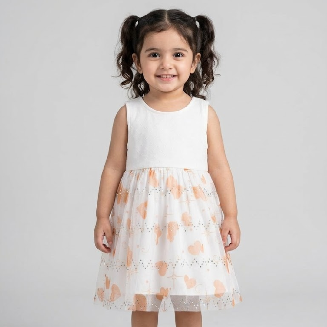 White With Orange Hearts Frock For Girls ( Minor Defection 1 Order 1 Frock ) Main image