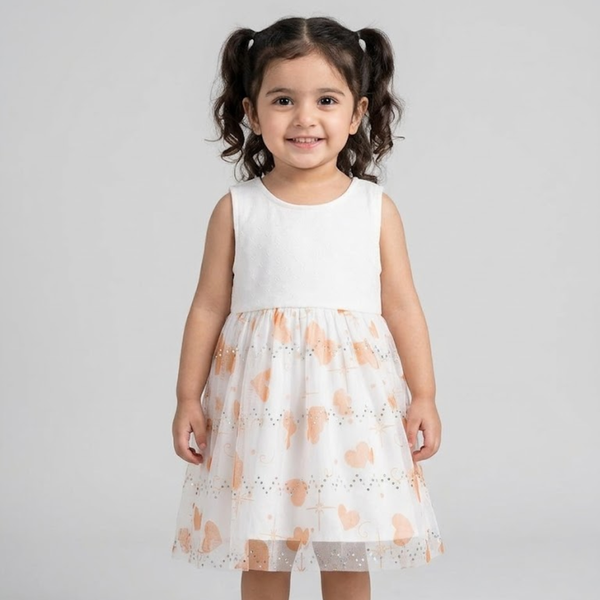 White With Orange Hearts Frock For Girls ( Minor Defection 1 Order 1 Frock )