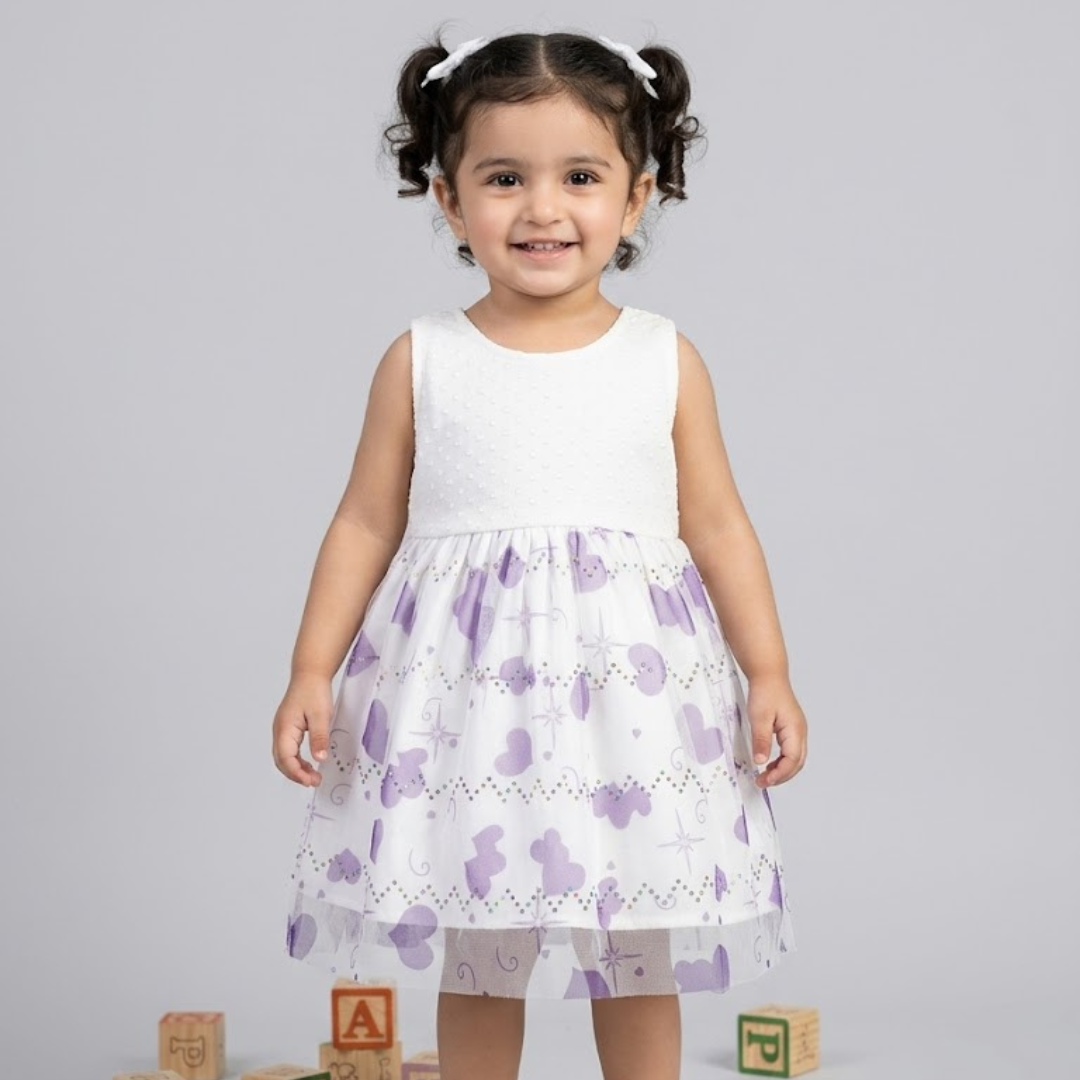 White With Purple Hearts Frock For Girls ( Minor Defection 1 Order 1 Frock ) Main image