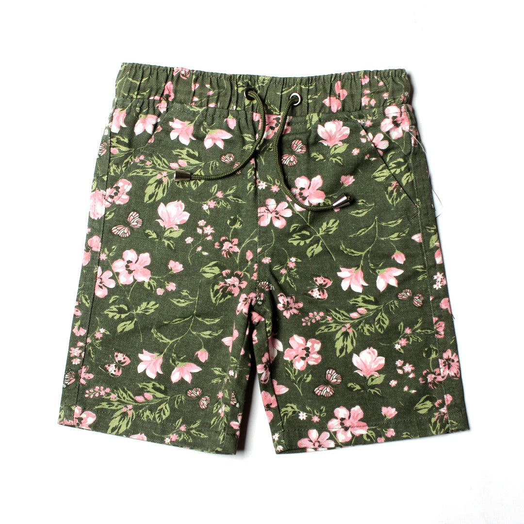 NEW SUMMER GREEN WITH PINK FLOWER PRINTED UNISEX SHORTS Main image