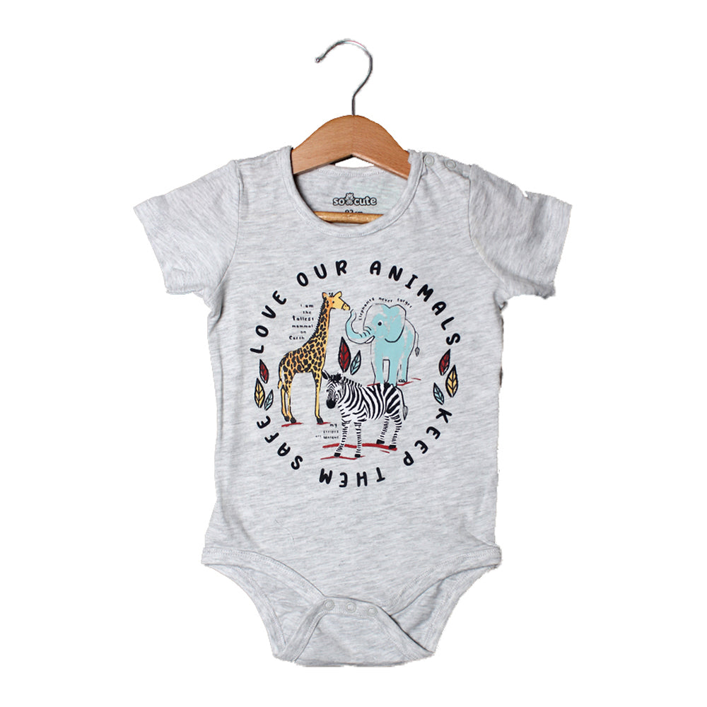 NEW GREY LOVE OUR ANIMALS PRINTED ROMPER FOR BOYS